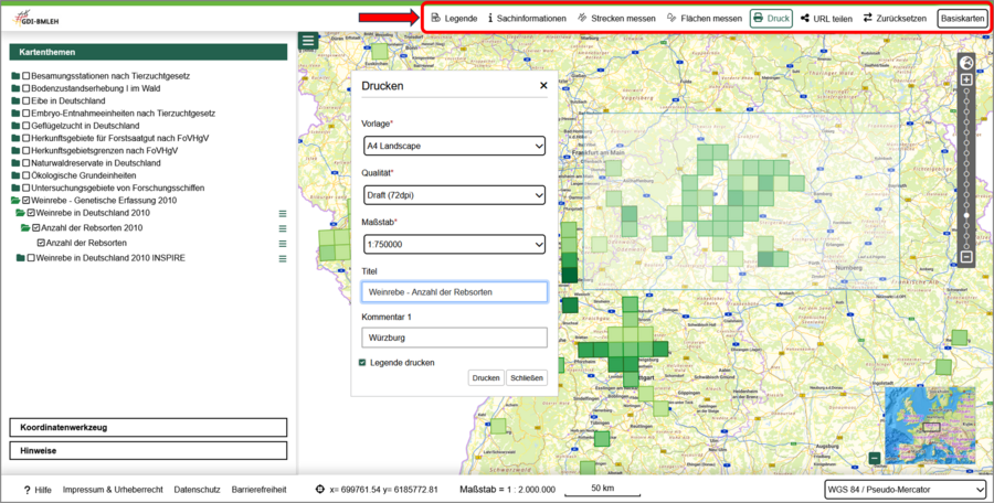 Karte zu Rebsorten im Viewer, Druckdialog geöffnet, Funktionen in der Menüleiste sind markiert.