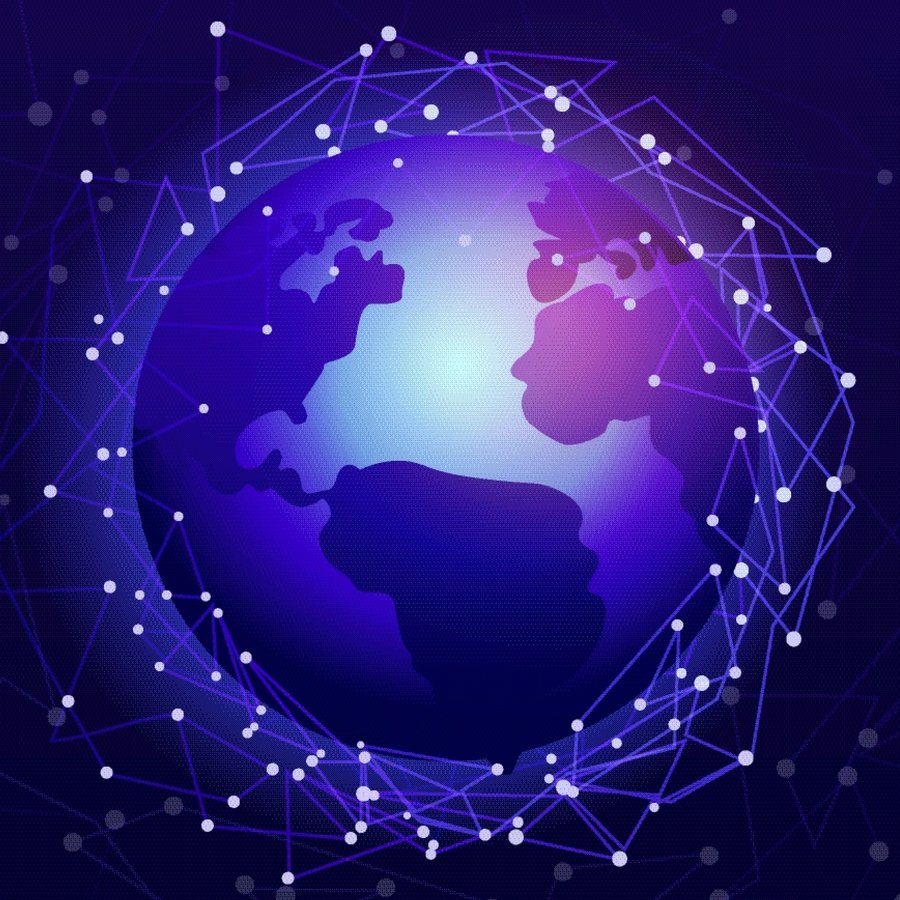 Planet Erde in blau im dunklen Weltall, umspannt von einem Netzwerk.