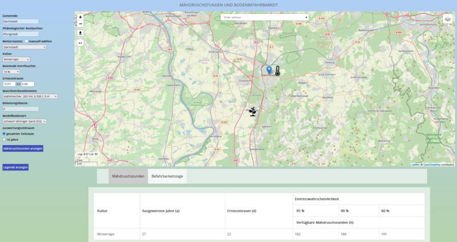 Screenshot der Web-Anwendung Verfügbare Feldarbeitstage - Mähdrusch.