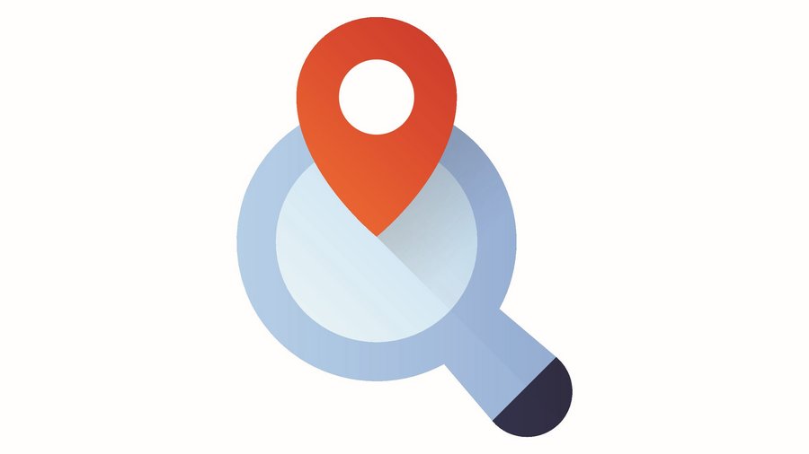 Standortsymbol in Lupe.