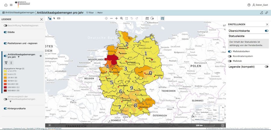 Deutschlandkarte zeigt die Antibiotikaabgabemengen, die im Jahr 2023 an Tierärztinnen und Tierärzte abgeben wurden, bezogen auf Postleitregionen.