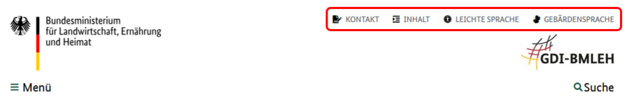 Die Kopfzeile der Startseite. Die Menüfelder Kontakt, Inhalt, Leichte Sprache und Gebärdensprache sind rot umrandet.