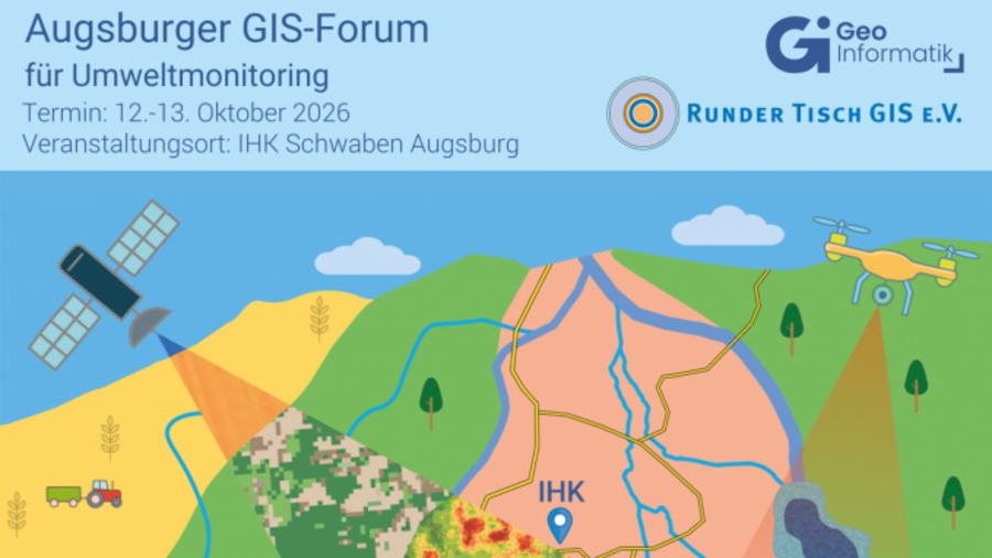 Infobild für das Augsburger GIS-Forum mit Angaben zu Veranstaltungsort, Termin, Logos von GI Geoinformatik GmbH und Runder Tisch GIS e.V. sowie eine schematisch dargestellte Landschaft mit Drohne und Satellit.