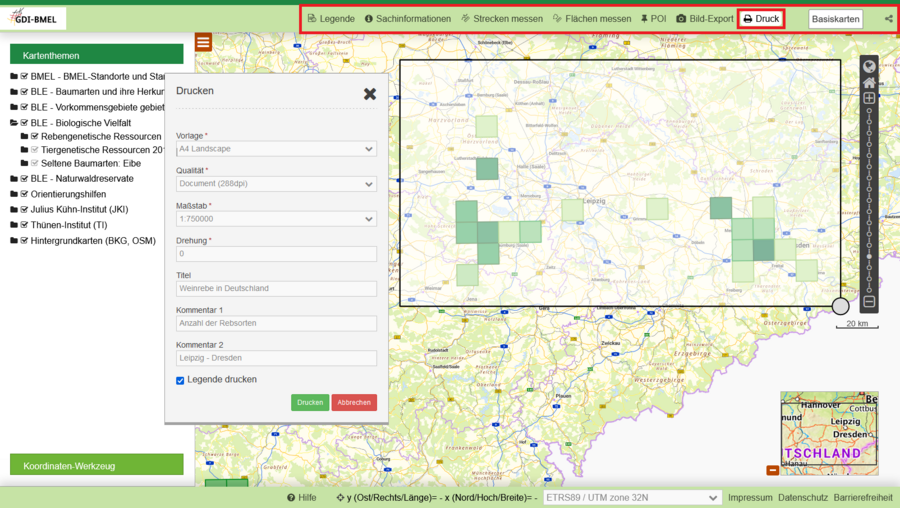 Karte zu Rebsorten im Viewer, Druckdialog geöffnet, Funktionen in der Menüleiste sind markiert. 