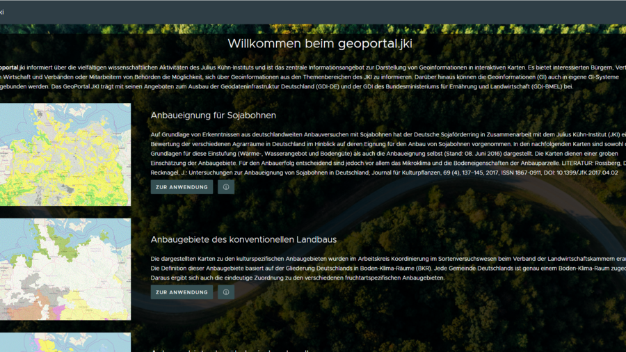 Startseite des Geoportals des JKI mit Übersicht über die Anwendungen