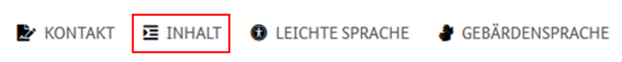 Die Servicenavigation in der Kopfzeile der Startseite. Das Menüfeld Inhalt ist rot umrandet.