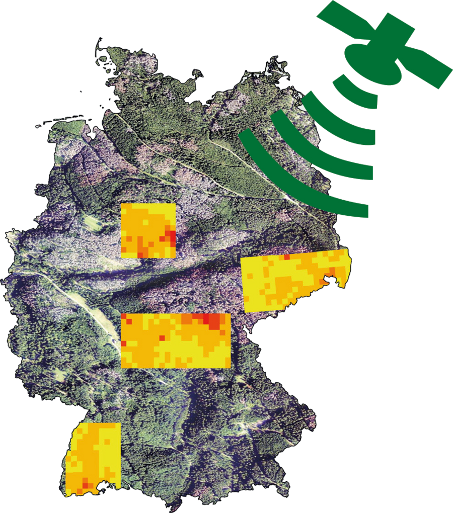 Es ist eine schematische Karte Deutschlands ist zu sehen über das ein Satellit als Piktogramm Strahlen auf die KArte aussendet. Bereiche Mitteldeutschlands, Südwestdeutschlands und Südostdeutschladns sind gelblich eingefärbt. Diese Flächen sollen die Untersuchungsgebiete darstellen.