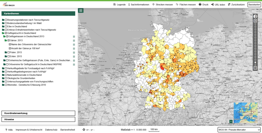 Geodatenviewer der GDI-BMLEH mit eingeblendeter Karte zur Verbreitung von Gänserassen und Ortsvereinen für Geflügelzucht.