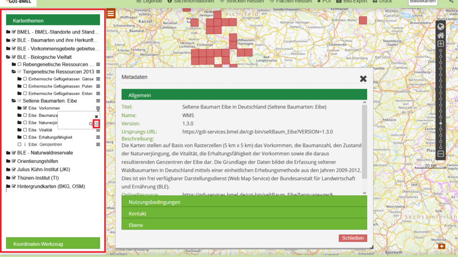 Karte zur Verbreitung von Eibe einschließlich Metadaten, Funktionen in der Seitenleiste sind markiert.