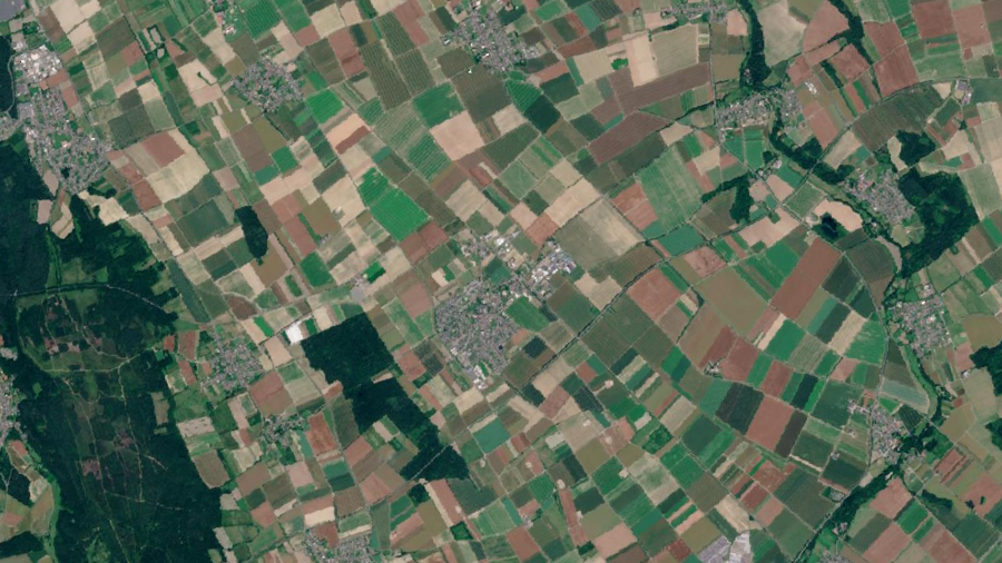 Ausschnitt aus einem Satellitenbild mit unterschiedlich farbigen Äckern und Wiesen. 
