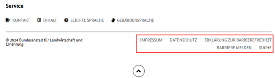 Das Footermenü auf der Startseite. Die Menüpunkte "Impressum", "Datenschutz", "Erklärung zur Barrierefreiheit", "Barriere Melden", "Suche" sind rot umrandet.