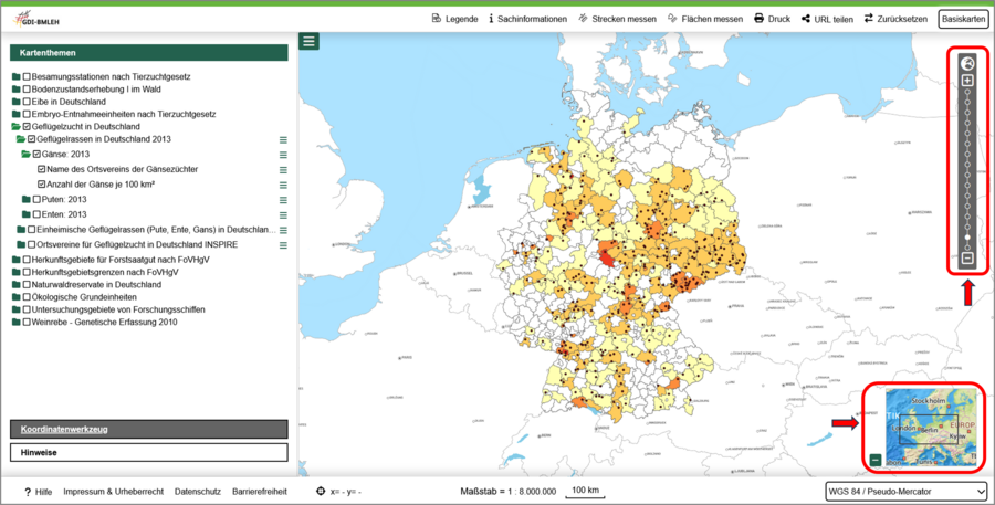 Karte zu einheimischen Geflügelrassen im Viewer, Navigationswerkzeuge und Übersichtskarte sind markiert.