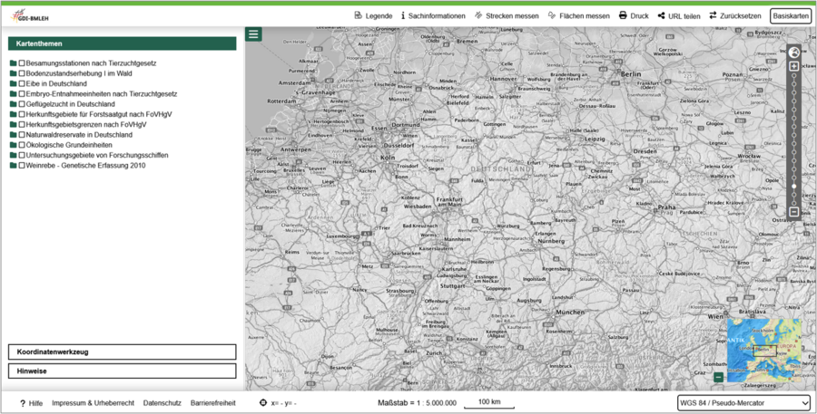 Startseite des Geodatenviewers mit Grundeinstellungen beim Öffnen.