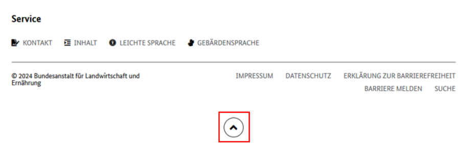 Das Footermenü auf der Startseite. Die Pfeilnavigation auf den Start der Seite ist rot umrandet.