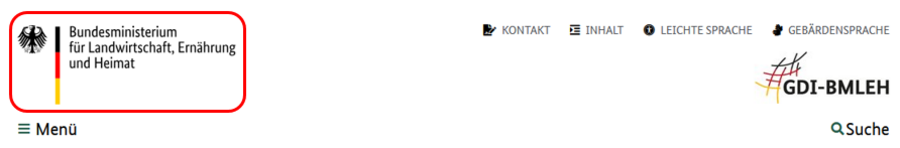 Die Kopfzeile der Startseite. Das Logo des BMLEH ist rot umrandet.