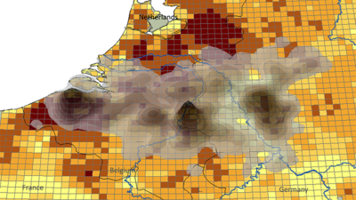 Karte der Niederlande mit Zonen der Ausbreitung der Blauzungenkrankheit 2006, Beispielbild ohne wirkliche Aussagekraft.