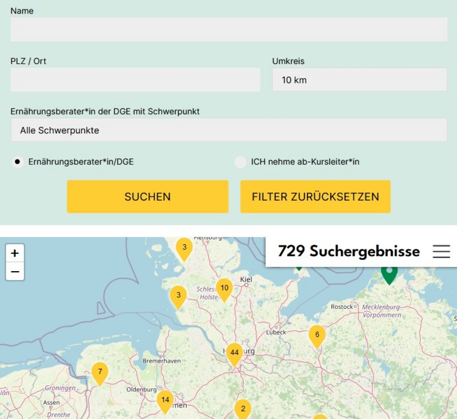 Screenshot der verlinkten DGE-Website mit Ausschnitt aus Suchmaske und Karte .