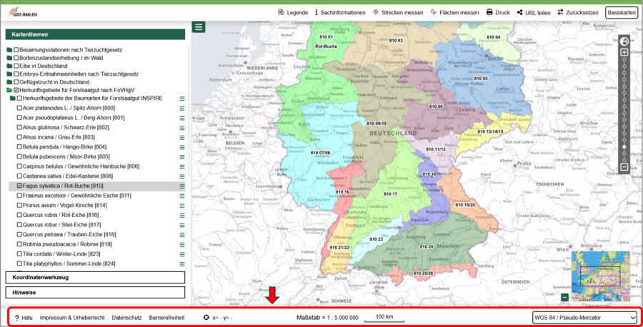 Karte mit Herkunftsgebieten für Forstsaatgut der Rotbuche, Funktionen in der Fußzeile sind markiert.