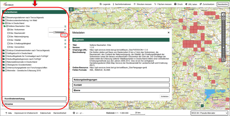 Karte zur Verbreitung von Eibe einschließlich Metadaten, Funktionen in der Seitenleiste sind markiert.