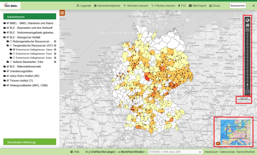 Karte zu einheimischen Gänserassen im Viewer, Navigationswerkzeuge sind markiert. 