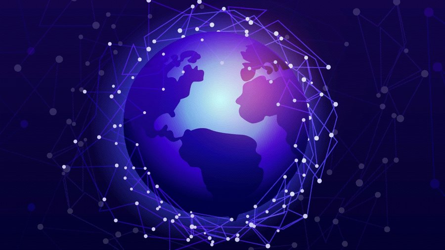  	Planet Erde in blau im dunklen Weltall, umspannt von einem Netzwerk.