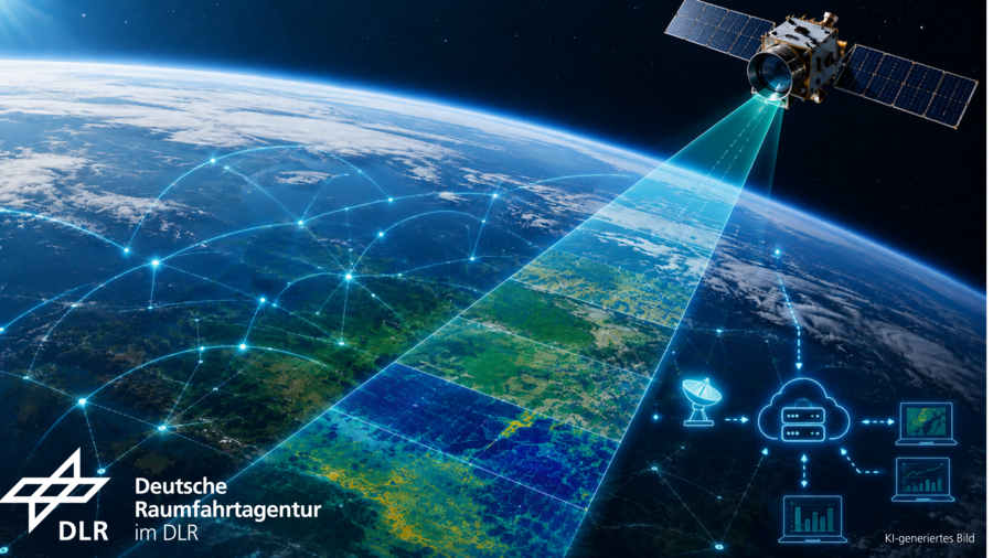 Schematisches Bild eines Satelliten über der Erdoberfläche. 